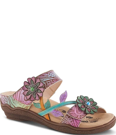 L'ARTISTE Aymee Leather Stone Embellished Floral Ornament Slide Sandals
