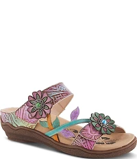 L'ARTISTE Aymee Leather Stone Embellished Floral Ornament Slide Sandals