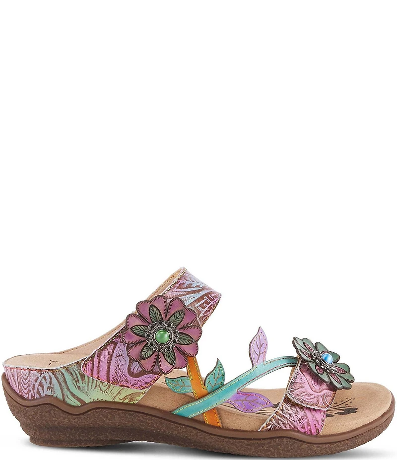 L'ARTISTE Aymee Leather Stone Embellished Floral Ornament Slide Sandals