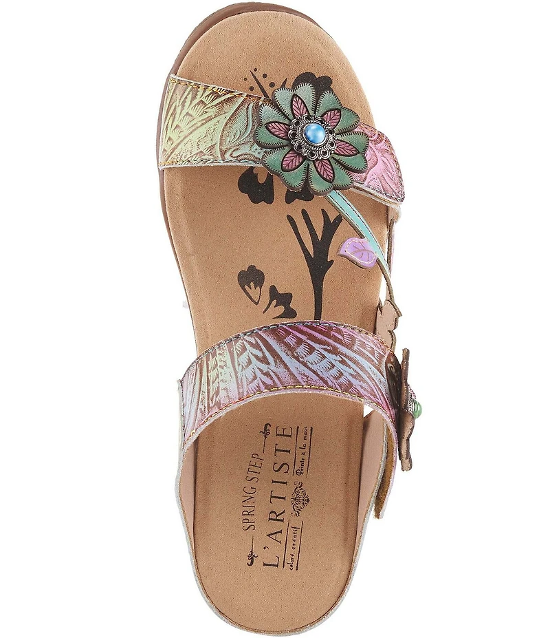 L'ARTISTE Aymee Leather Stone Embellished Floral Ornament Slide Sandals