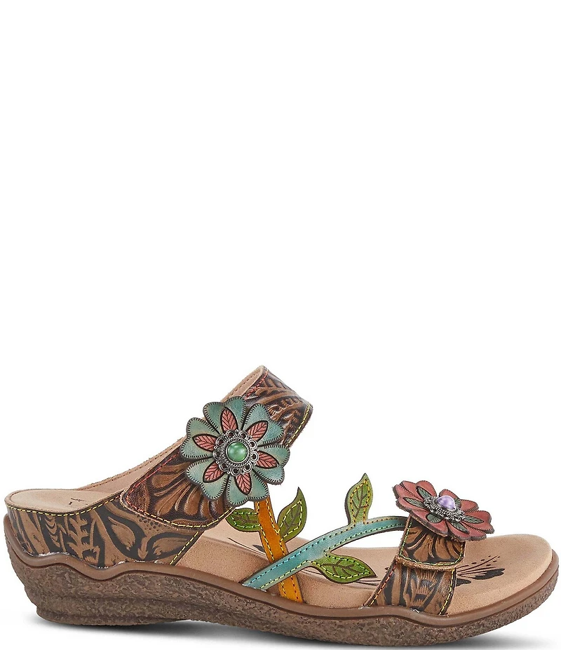 L'ARTISTE Aymee Leather Stone Embellished Floral Ornament Slide Sandals