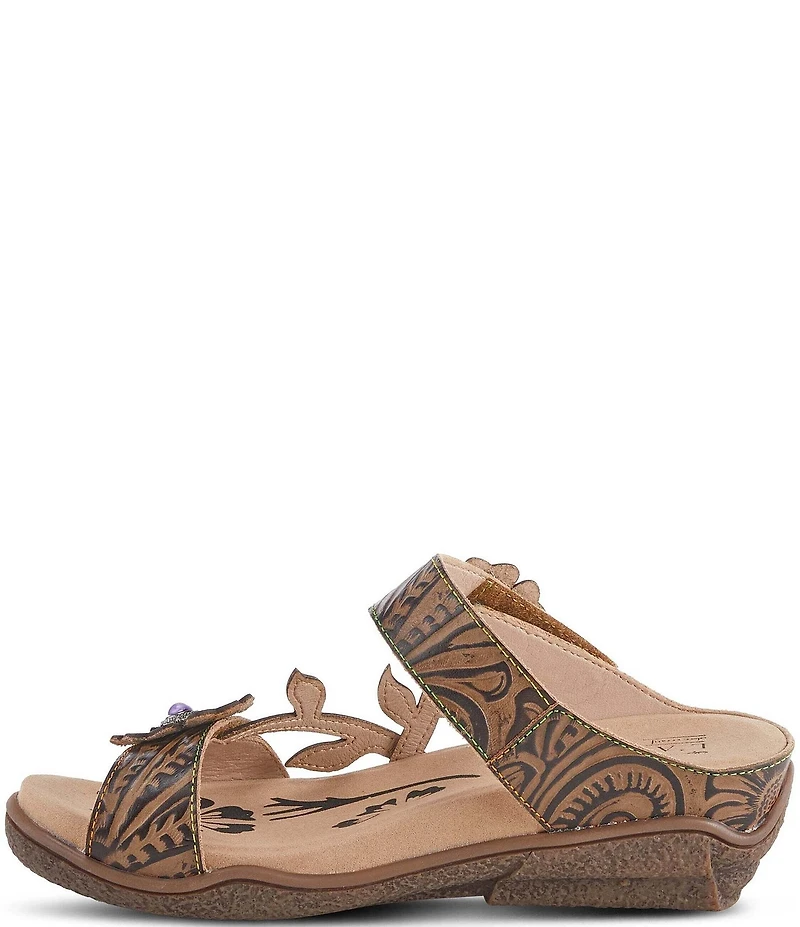 L'ARTISTE Aymee Leather Stone Embellished Floral Ornament Slide Sandals