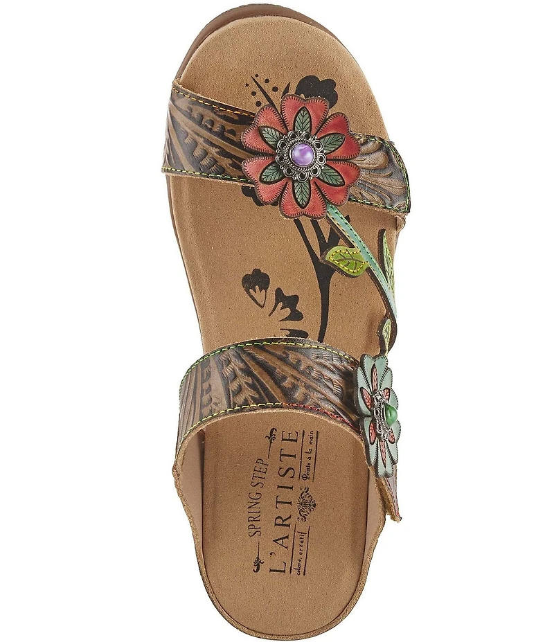 L'ARTISTE Aymee Leather Stone Embellished Floral Ornament Slide Sandals