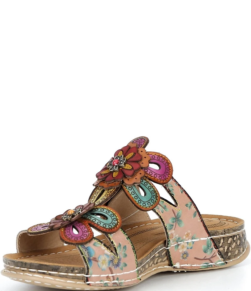 L'ARTISTE Beaudie Floral Painted Leather Slide Sandals