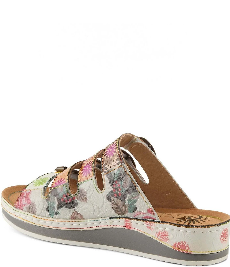 L'ARTISTE Bellini Hand-Painted Embossed Floral Leather Slide Sandals