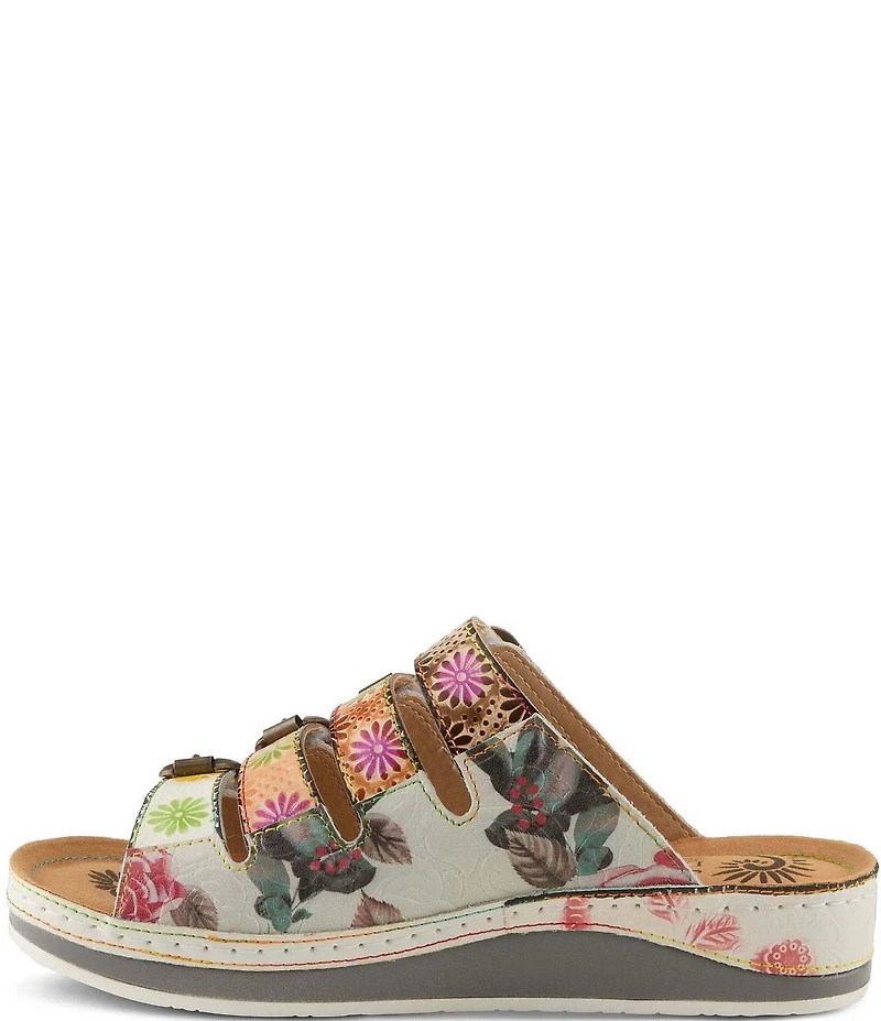 L'ARTISTE Bellini Hand-Painted Embossed Floral Leather Slide Sandals
