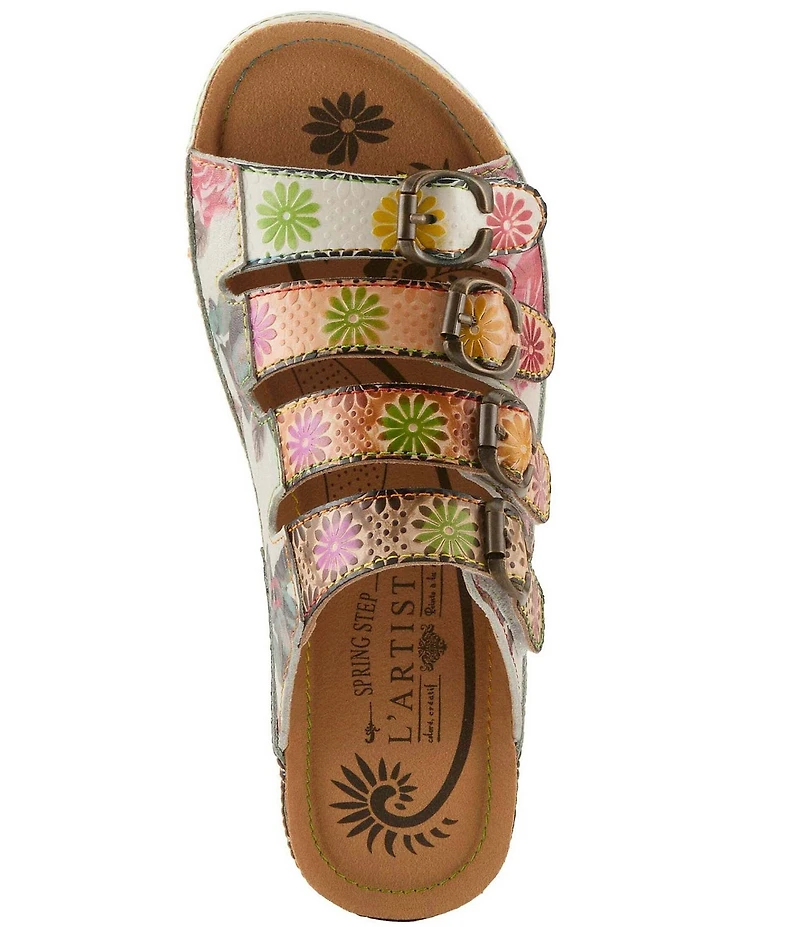 L'ARTISTE Bellini Hand-Painted Embossed Floral Leather Slide Sandals