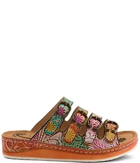 L'ARTISTE Bellini Hand-Painted Embossed Floral Leather Slide Sandals