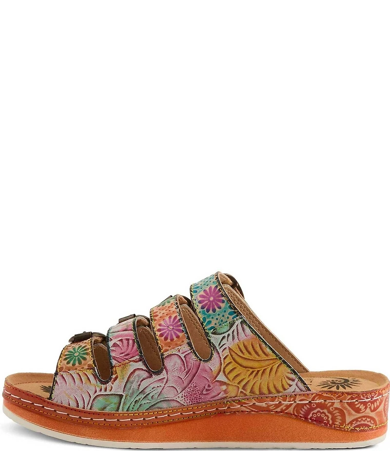 L'ARTISTE Bellini Hand-Painted Embossed Floral Leather Slide Sandals