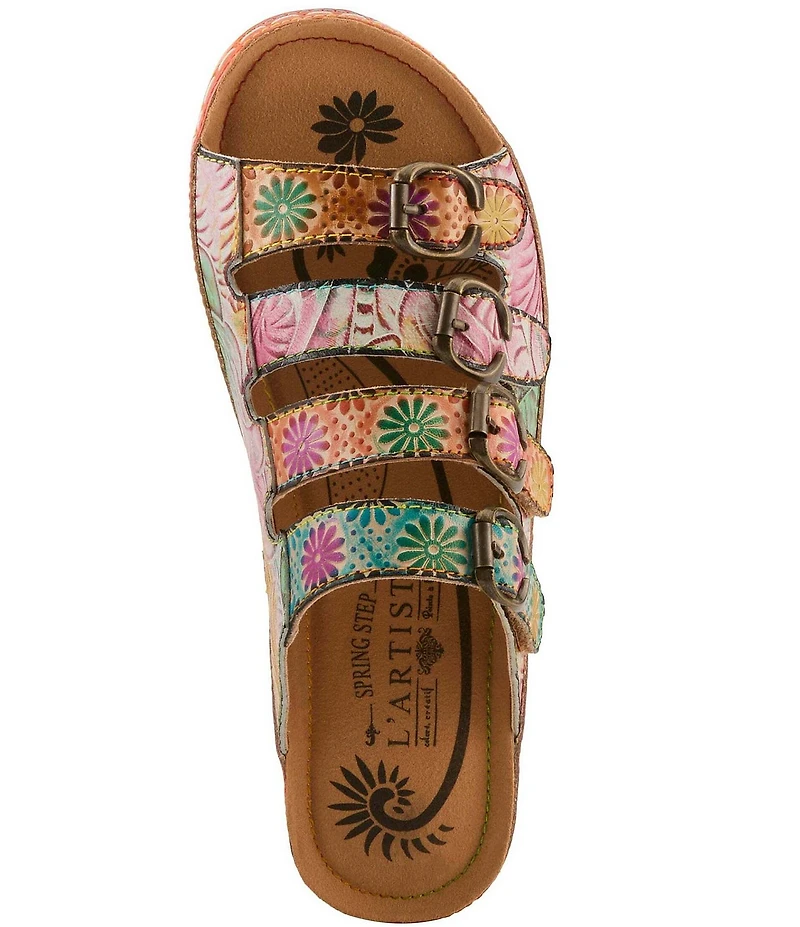 L'ARTISTE Bellini Hand-Painted Embossed Floral Leather Slide Sandals