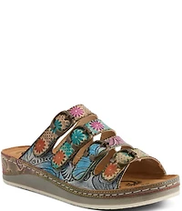L'ARTISTE Bellini Hand-Painted Embossed Floral Leather Slide Sandals
