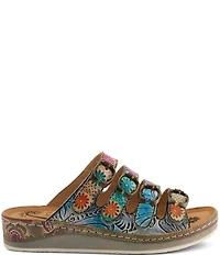 L'ARTISTE Bellini Hand-Painted Embossed Floral Leather Slide Sandals