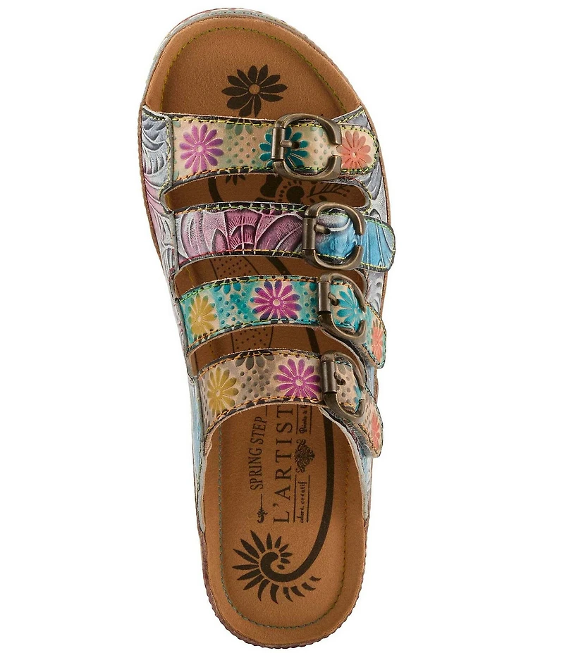 L'ARTISTE Bellini Hand-Painted Embossed Floral Leather Slide Sandals