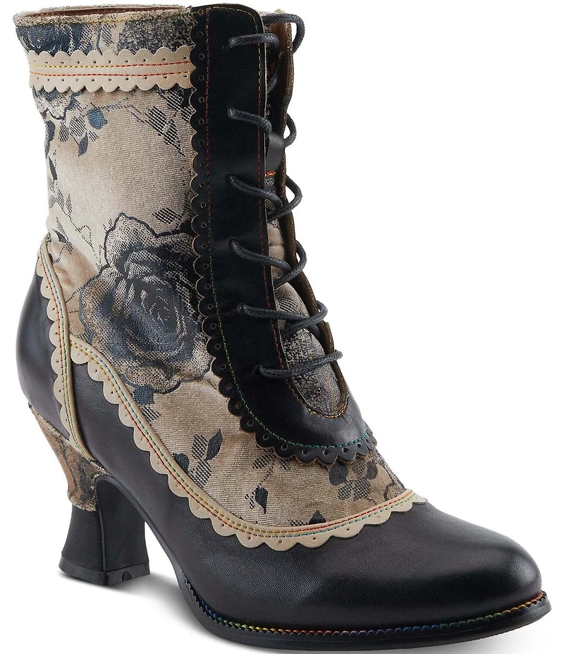 L'ARTISTE Bewitch Leather and Floral Velvet Baroque Booties