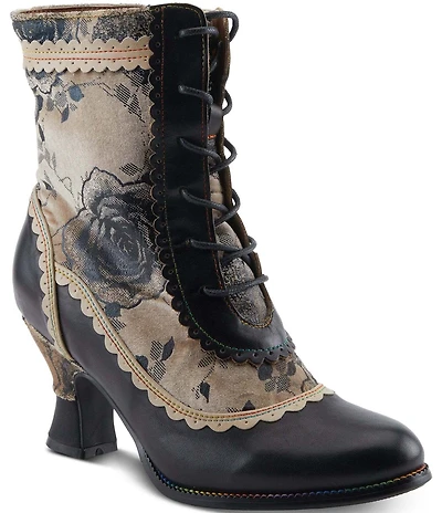 L'ARTISTE Bewitch Leather and Floral Velvet Baroque Booties