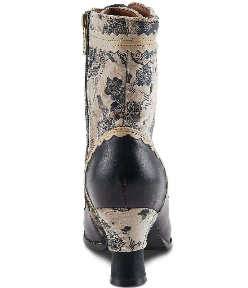L'ARTISTE Bewitch Leather and Floral Velvet Baroque Booties