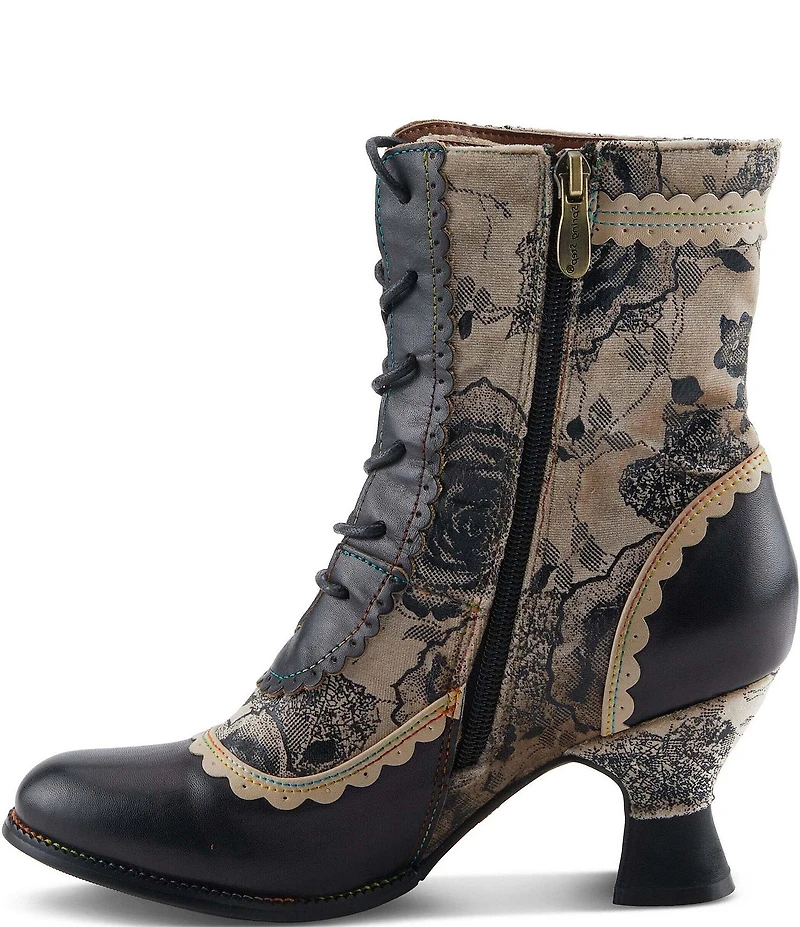 L'ARTISTE Bewitch Leather and Floral Velvet Baroque Booties
