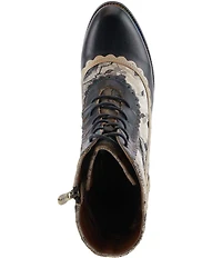 L'ARTISTE Bewitch Leather and Floral Velvet Baroque Booties