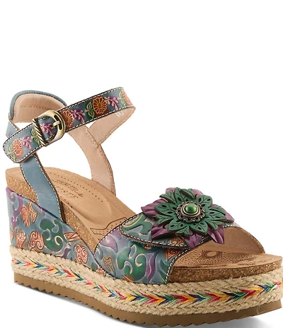 L'ARTISTE Boca Hand-Painted Leather Flower Ornament Platform Wedge Sandals