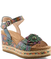 L'ARTISTE Boca Hand-Painted Leather Flower Ornament Platform Wedge Sandals