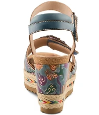 L'ARTISTE Boca Hand-Painted Leather Flower Ornament Platform Wedge Sandals