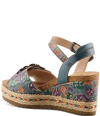 L'ARTISTE Boca Hand-Painted Leather Flower Ornament Platform Wedge Sandals