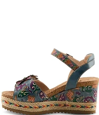 L'ARTISTE Boca Hand-Painted Leather Flower Ornament Platform Wedge Sandals