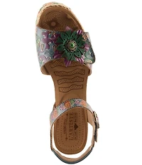 L'ARTISTE Boca Hand-Painted Leather Flower Ornament Platform Wedge Sandals