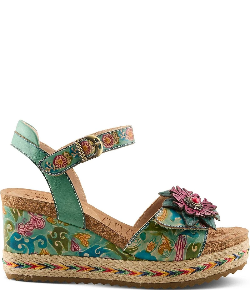L'ARTISTE Boca Hand-Painted Leather Flower Ornament Platform Wedge Sandals