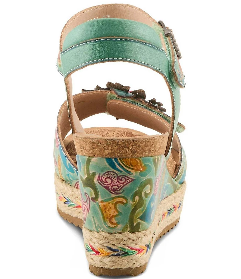 L'ARTISTE Boca Hand-Painted Leather Flower Ornament Platform Wedge Sandals