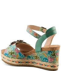 L'ARTISTE Boca Hand-Painted Leather Flower Ornament Platform Wedge Sandals