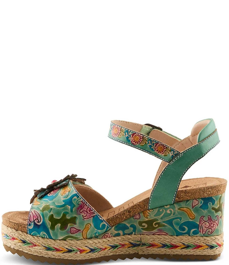 L'ARTISTE Boca Hand-Painted Leather Flower Ornament Platform Wedge Sandals