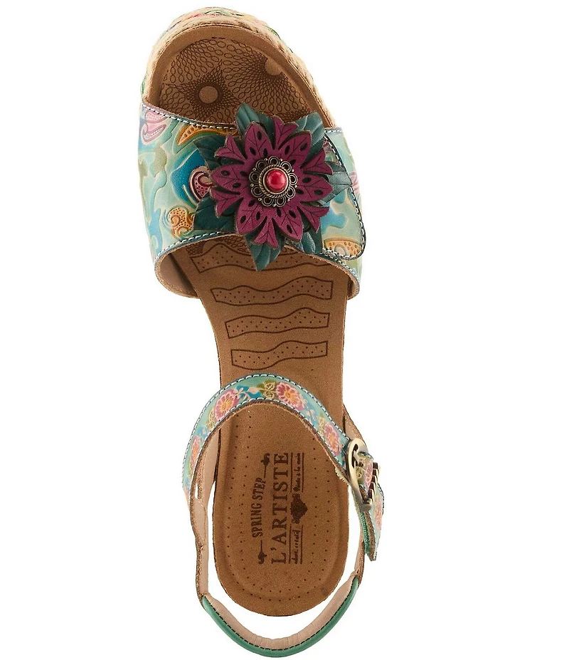 L'ARTISTE Boca Hand-Painted Leather Flower Ornament Platform Wedge Sandals