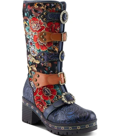 L'ARTISTE Brazen Embossed Leather Floral Print Decorative Buckle Tall Lug Sole Boots