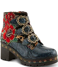L'ARTISTE Brazza Floral Embossed Leather and Embroidered Faux Fur Lined Buckle Straps Booties