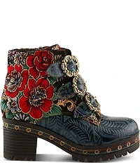 L'ARTISTE Brazza Floral Embossed Leather and Embroidered Faux Fur Lined Buckle Straps Booties
