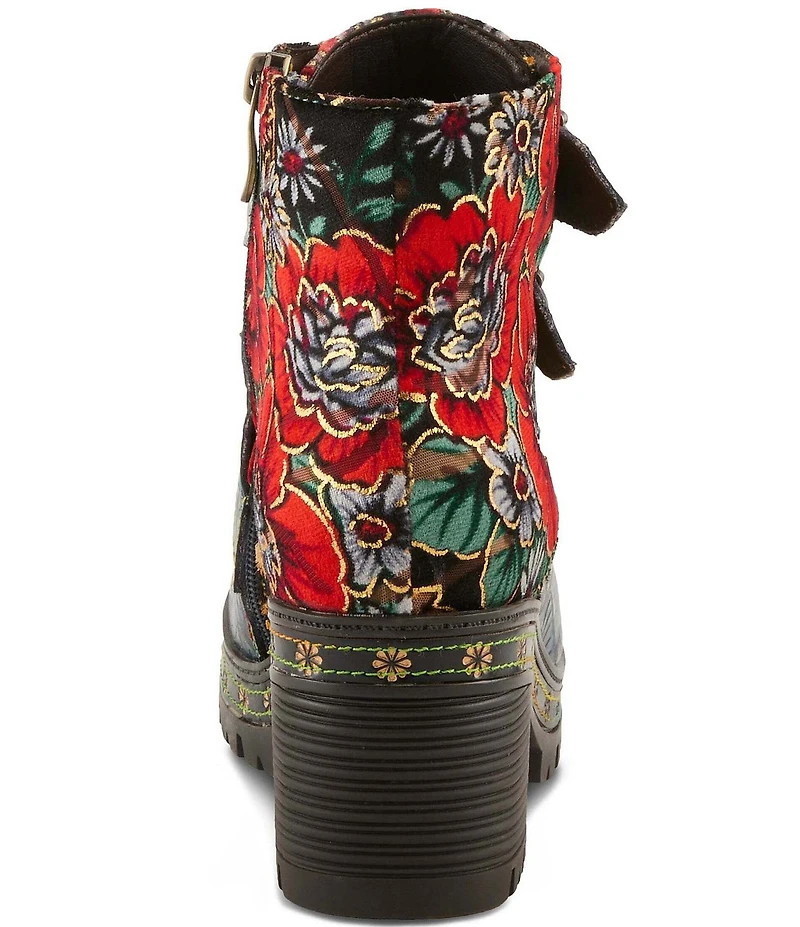 L'ARTISTE Brazza Floral Embossed Leather and Embroidered Faux Fur Lined Buckle Straps Booties