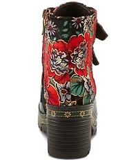 L'ARTISTE Brazza Floral Embossed Leather and Embroidered Faux Fur Lined Buckle Straps Booties
