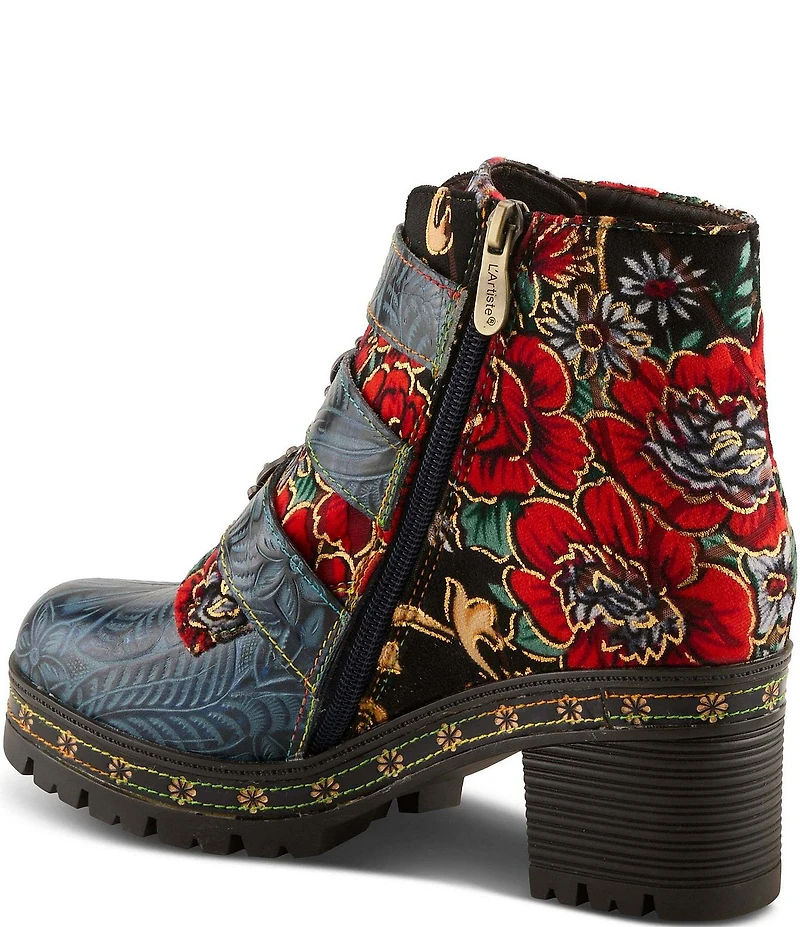 L'ARTISTE Brazza Floral Embossed Leather and Embroidered Faux Fur Lined Buckle Straps Booties