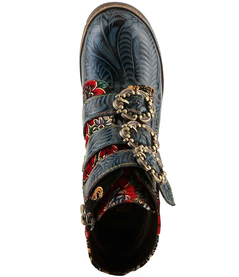 L'ARTISTE Brazza Floral Embossed Leather and Embroidered Faux Fur Lined Buckle Straps Booties