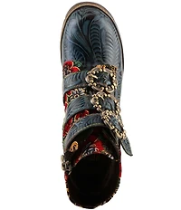 L'ARTISTE Brazza Floral Embossed Leather and Embroidered Faux Fur Lined Buckle Straps Booties
