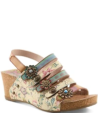 L'ARTISTE Buckleitup Hand-Painted Floral Ornamented Leather Platform Wedge Sandals