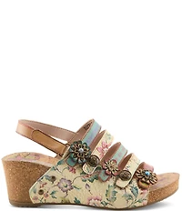 L'ARTISTE Buckleitup Hand-Painted Floral Ornamented Leather Platform Wedge Sandals