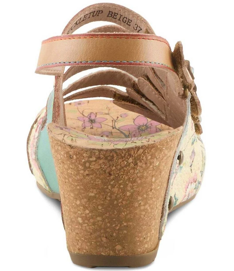 L'ARTISTE Buckleitup Hand-Painted Floral Ornamented Leather Platform Wedge Sandals