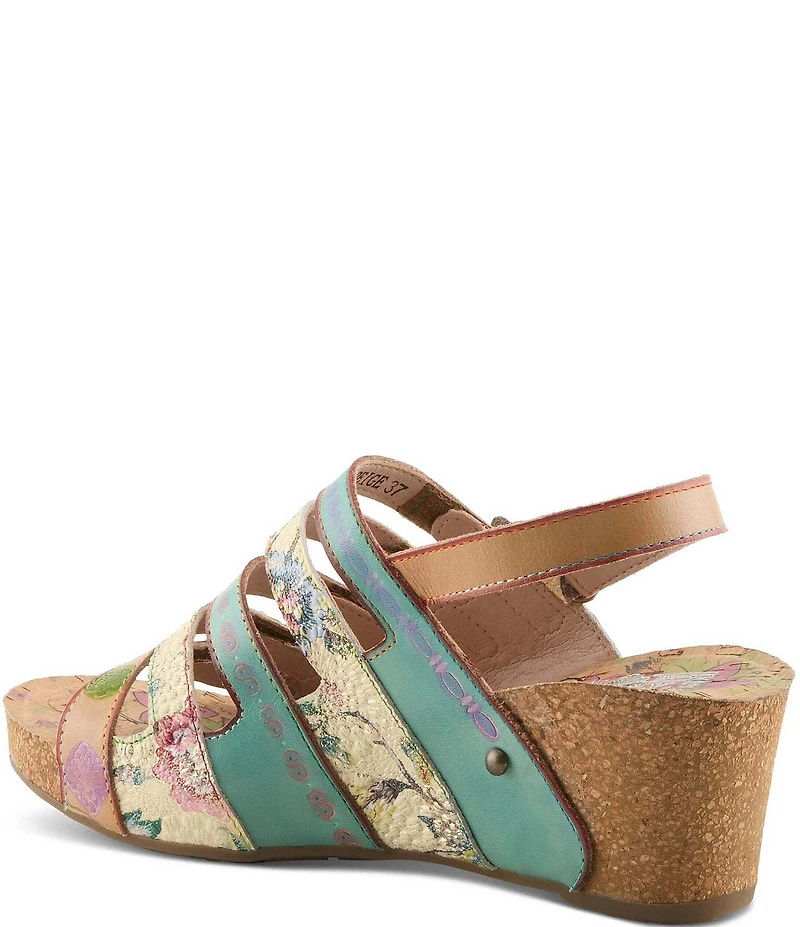 L'ARTISTE Buckleitup Hand-Painted Floral Ornamented Leather Platform Wedge Sandals