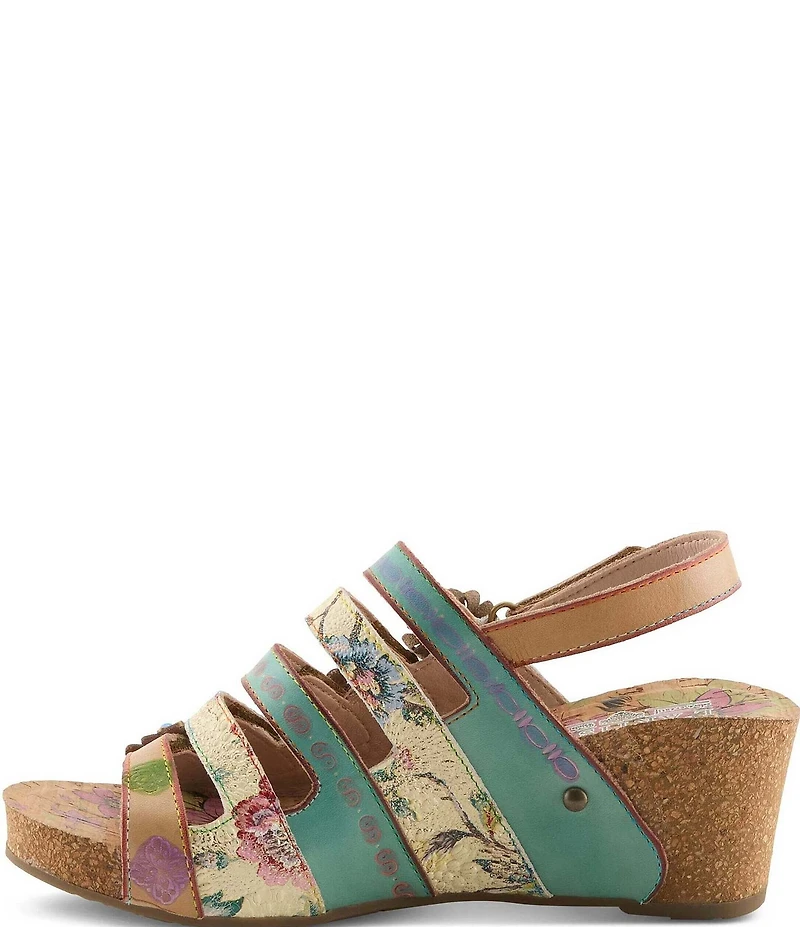 L'ARTISTE Buckleitup Hand-Painted Floral Ornamented Leather Platform Wedge Sandals