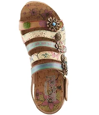 L'ARTISTE Buckleitup Hand-Painted Floral Ornamented Leather Platform Wedge Sandals