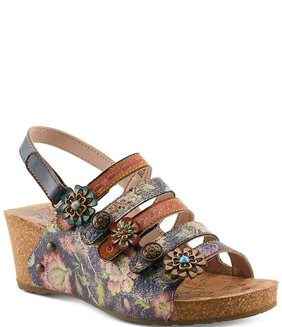 L'ARTISTE Buckleitup Hand-Painted Floral Ornamented Leather Platform Wedge Sandals