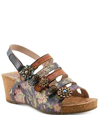 L'ARTISTE Buckleitup Hand-Painted Floral Ornamented Leather Platform Wedge Sandals
