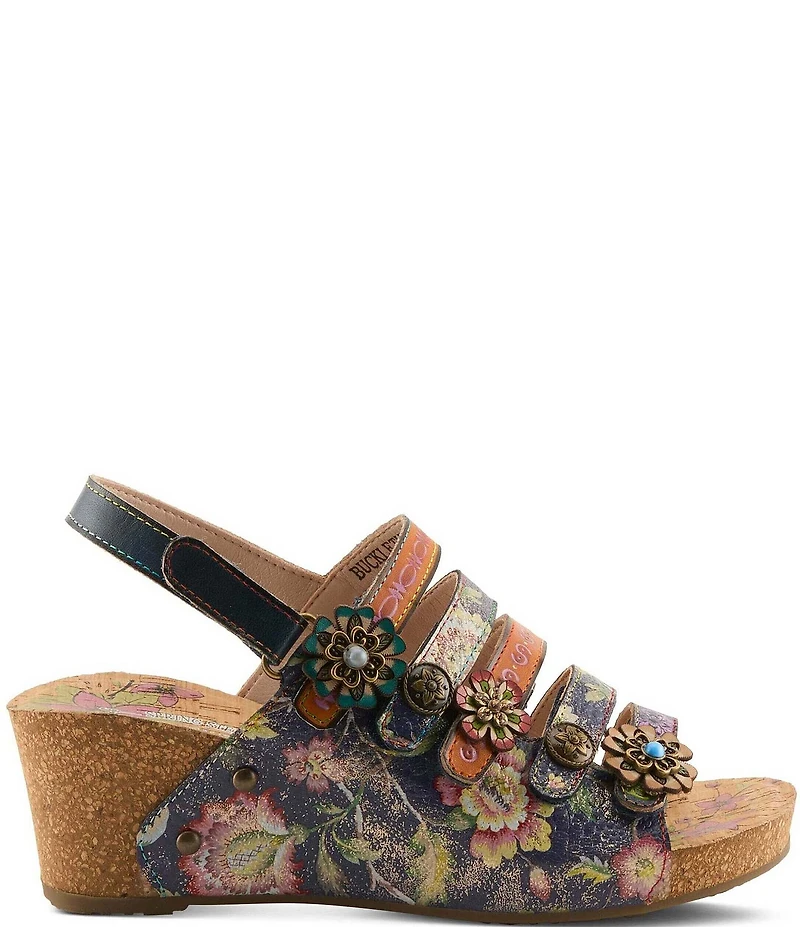 L'ARTISTE Buckleitup Hand-Painted Floral Ornamented Leather Platform Wedge Sandals